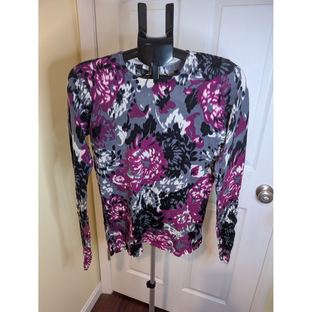 Belford Sweater Womens Medium Purple Grey Floral Pima Cotton Crew Neck Knit Top